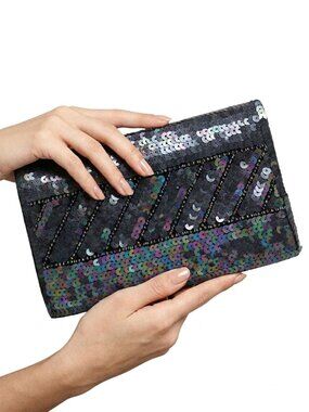 Vintage 1950s Black Iridescent Sequin Beaded Clutch | Velvet Evening Bag